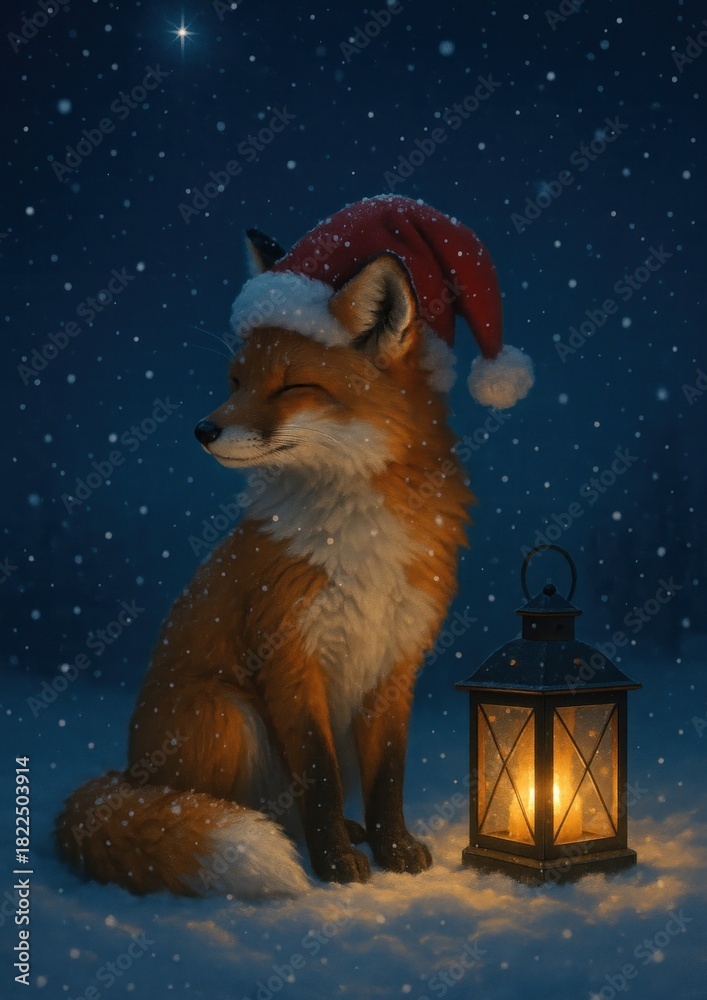 Naklejka premium Fox with lantern snow