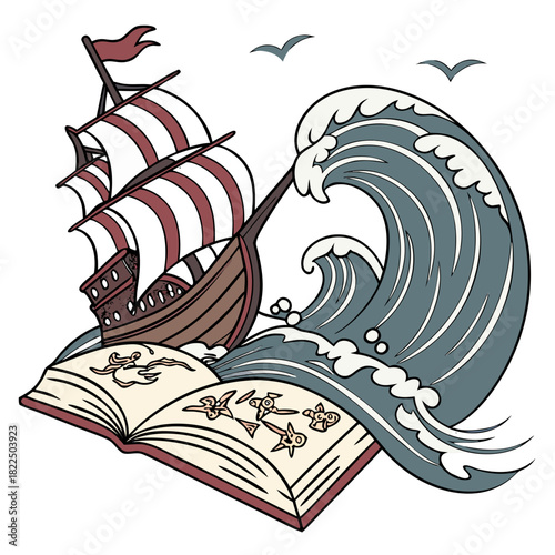 Fantasy Ship Surfing Wave from Open Book – Story Adventure Scene