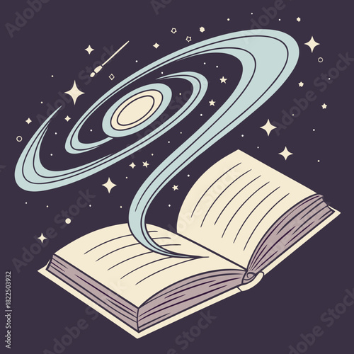 Galaxy Swirling Out of Open Book – Cosmic Fantasy Illustration