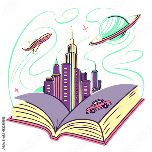Neon Future City Rising from Open Book – Sci-Fi Fantasy Concept