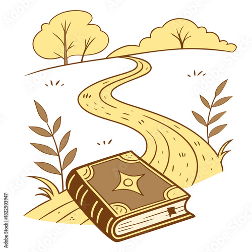 Golden Magic River Pouring from Open Book – Fantasy Dream Illustration