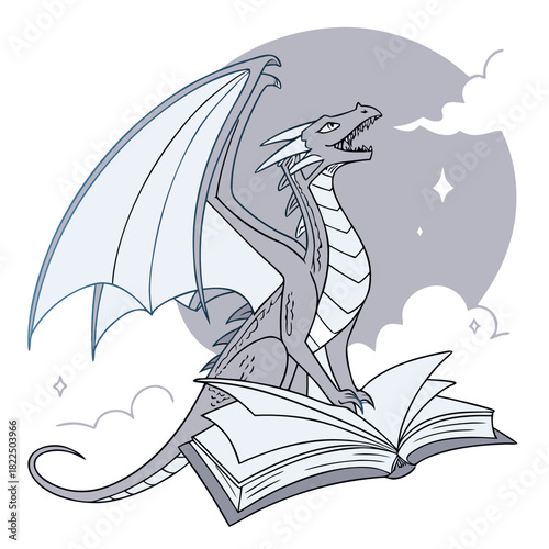 Origami Paper Dragon Emerging from Open Book – Fantasy Creature Illustration