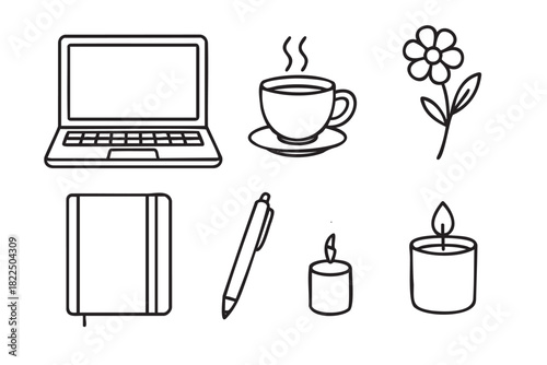 Collection of hand-drawn minimalist icons including a laptop, steaming coffee, flower, journal, pen, and candles representing a cozy and productive lifestyle