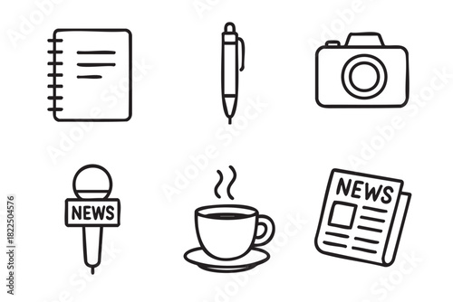 Set of six hand-drawn journalism icons including a notebook, pen, camera, microphone, coffee, and newspaper, illustrated in a simple black and white line art doodle style