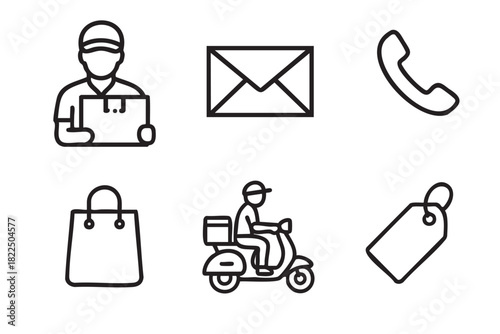 Set of six black line icons for delivery and shopping services, including a courier with a box, a scooter, a shopping bag, a price tag, an envelope, and a telephone handset