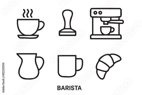 Set of six black line icons for a barista includes a steaming coffee cup, tamper, espresso machine, milk pitcher, mug, and croissant in a minimalist graphic style