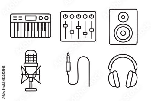 Set of music production line icons featuring a synthesizer, mixing console, speaker, microphone, audio cable, and headphones in a simple black and white vector illustration