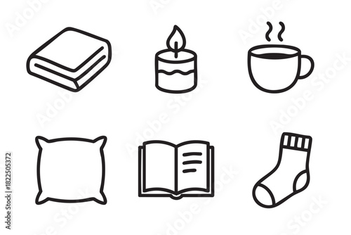 Six minimalist black outline icons for comfort and relaxation, including a folded blanket, lit candle, steaming mug, soft pillow, open book, and a warm sock in a simple graphic style