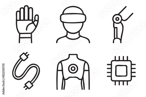 Set of six black line icons representing robotics, cybernetics, and virtual reality, featuring a prosthetic hand, bionic leg, vr headset, exoskeleton, power cable, and a computer chip