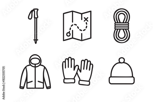 Set of black line icons for hiking and climbing equipment including a trekking pole, map, rope, jacket, gloves, and beanie hat in a minimalist vector style