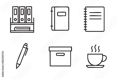 Set of six hand-drawn office supply icons including binders, notebooks, a pen, a box, and a coffee cup, rendered in a simple black and white doodle line art style