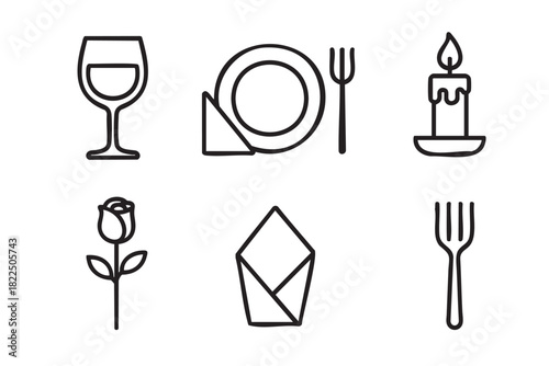 Set of six romantic dinner icons including a wine glass, plate, candle, rose, and envelope drawn in a simple black line art style for a minimalist design concept