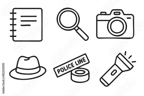 Hand-drawn doodle icons of detective equipment including a camera, flashlight, notebook, magnifying glass, fedora hat, and police line tape for a crime scene investigation concept