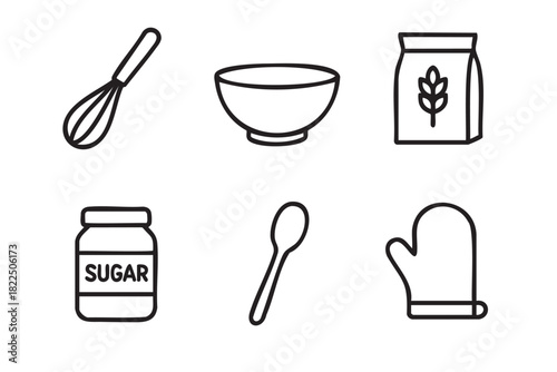 Set of six black baking icons including a whisk, bowl, flour bag, sugar jar, spoon, and oven mitt in a simple minimalist line art style for culinary concepts