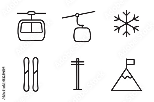 Set of six winter sports icons including a gondola, ski lift, snowflake, and mountain peak, drawn in a simple black and white line art style for a minimalist concept
