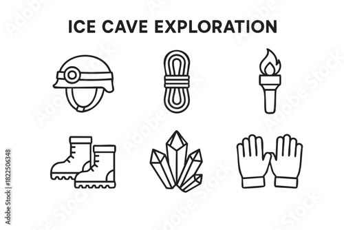 Six black line art icons representing ice cave exploration equipment, including a headlamp helmet, climbing rope, flaming torch, winter boots, ice crystals, and warm gloves
