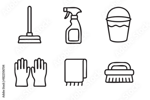 Set of six black outline cleaning icons featuring a mop, spray bottle, bucket, gloves, cloth, and brush for household chores, presented in a simple, minimalist line art style