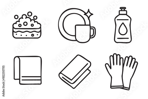 Set of six dishwashing line icons showing a soapy sponge, clean plate and mug, detergent bottle, cloth towel, and rubber gloves for household chores