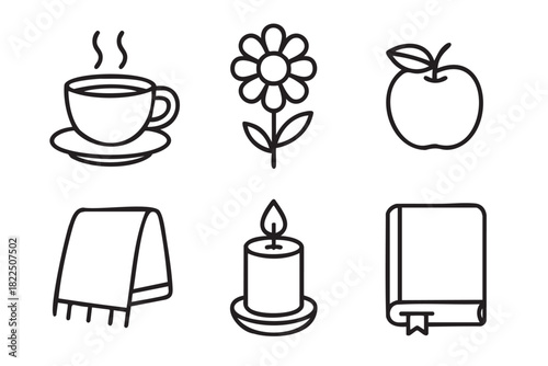 Six simple black line art icons representing cozy hygge lifestyle with a coffee cup, flower, apple, blanket, candle, and book in a minimalist hand-drawn doodle illustration set