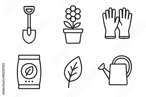 Six black line art gardening icons featuring a trowel, potted flower, protective gloves, fertilizer bag, leaf, and watering can, presented as a simple and clean vector illustration set