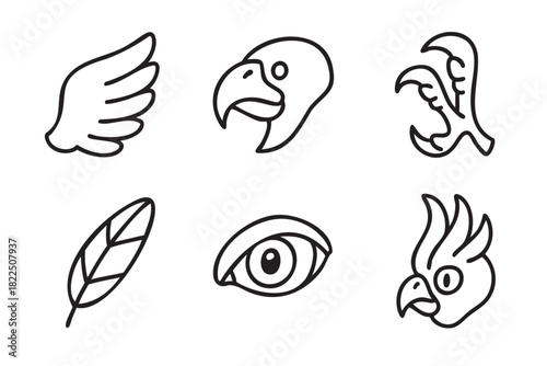 Set of six black line art bird icons featuring a wing, feather, talon, eye, and heads of a parrot and cockatoo in a simple, minimalist doodle style illustration