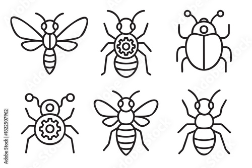 Collection of six minimalist insect icons drawn in a clean black line art style, featuring robotic bugs with gears alongside natural bees, ants, and a simple beetle design