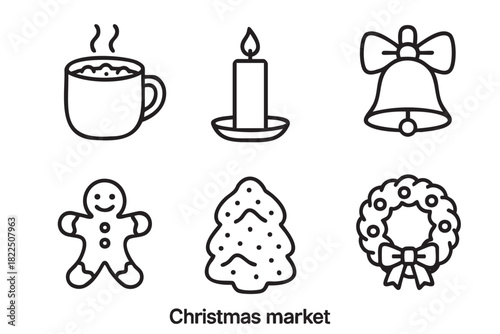 Christmas market themed black line art icons featuring a steaming mug, candle, bell with a bow, gingerbread man, festive tree, and a holiday wreath in a minimal vector style