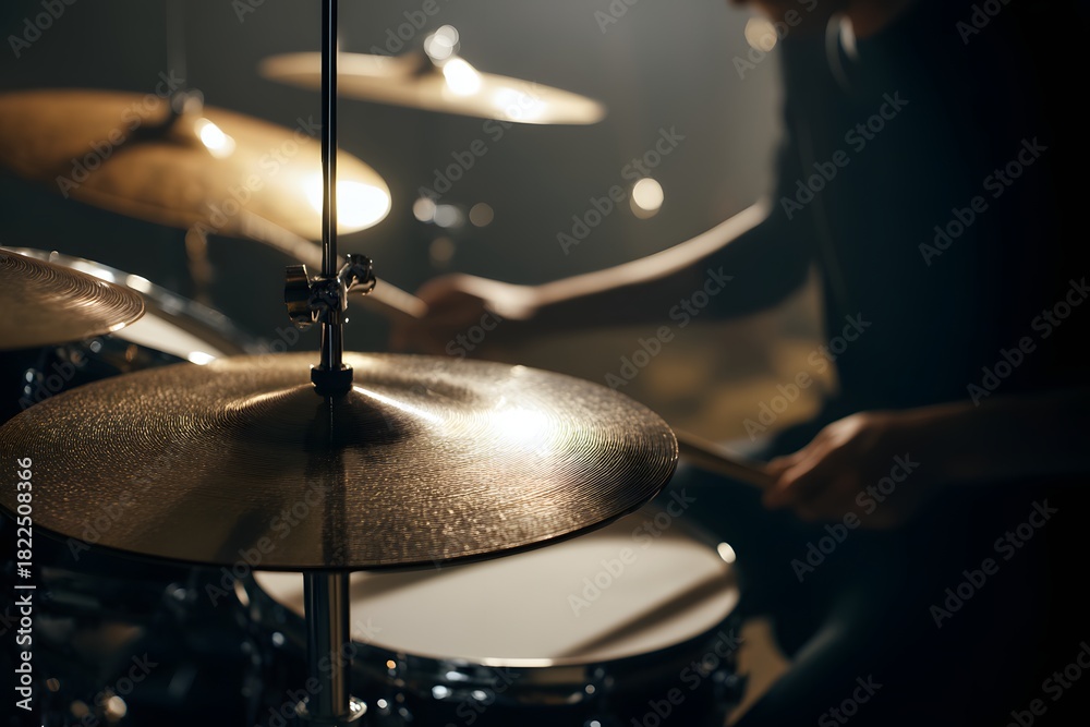 Obraz premium Close up shot of cymbals and drums being played by a drummer in moody lighting