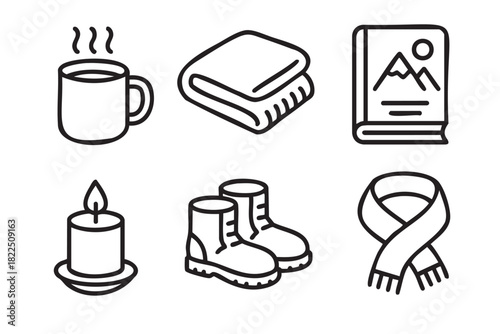 Set of six black line icons in a hand-drawn doodle style representing cozy hygge essentials for autumn and winter, including a mug, blanket, book, candle, boots, and scarf
