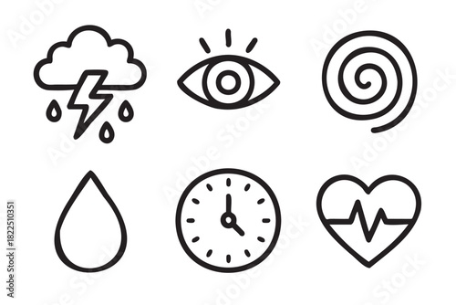 Set of six black hand-drawn icons representing weather, vision, time, health, and abstract concepts in a simple minimalist doodle style for various designs