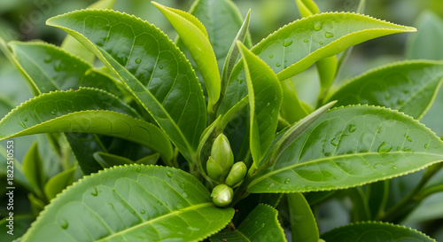 Close-up of Fresh Green Tea Leaves and Buds of Camellia sinensis Plant with Water Droplets, Organic Agriculture Background.