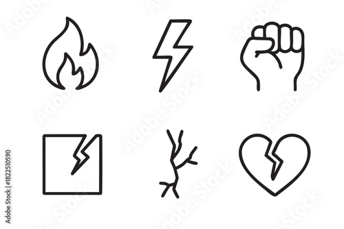 Set of six black line icons representing power, energy, protest, and destruction, including a flame, lightning bolt, raised fist, crack, and broken heart symbol in a minimalist style