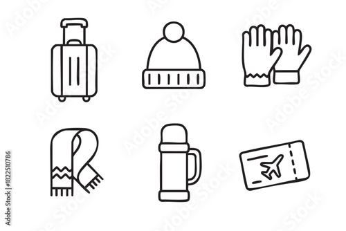 Six black line art travel icons for a winter holiday featuring a suitcase, beanie, gloves, scarf, thermos, and an airplane ticket, presented as a simple minimalist collection