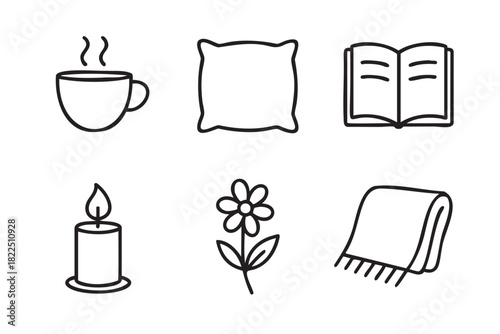 Set of six cozy hygge icons featuring a hot drink, soft pillow, open book, lit candle, simple flower, and warm blanket, all rendered in a simple black outline style