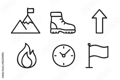 Set of six black line icons for hiking and adventure themes, including a mountain peak, boot, arrow, fire, clock, and flag, representing goals and exploration in a minimalist style