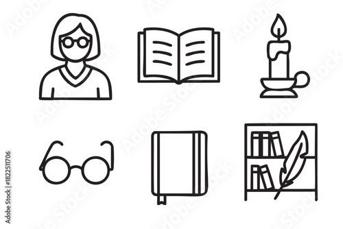 Collection of six black line icons representing a library, reading, and knowledge, including a librarian, books, candle, glasses, notebook, and a bookshelf with a quill pen