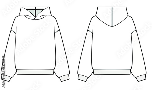 Classic Hoodie technical fashion illustration. hoodie vector template illustration. front and back view. oversized. drop shoulder. unisex. white color. CAD mockup. Aff 006