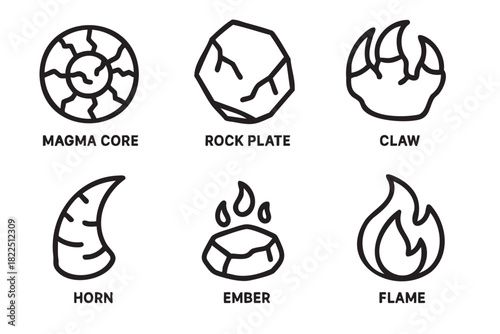 Set of six black and white fantasy icons including a magma core, rock plate, monster claw, horn, ember, and flame, designed in a simple line art style for gaming or creative projects