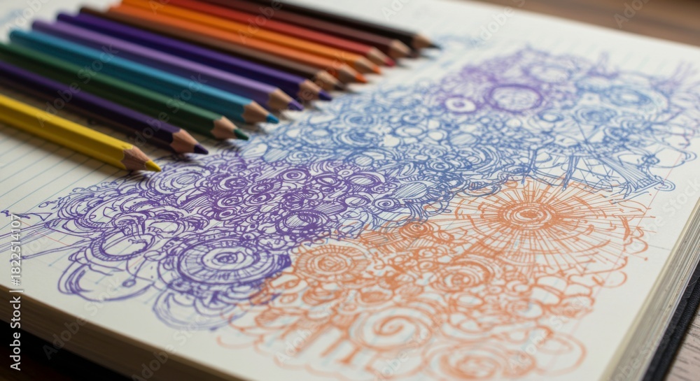 Naklejka premium Colorful pencils and intricate doodle art on paper perfect for creative projects and artistic