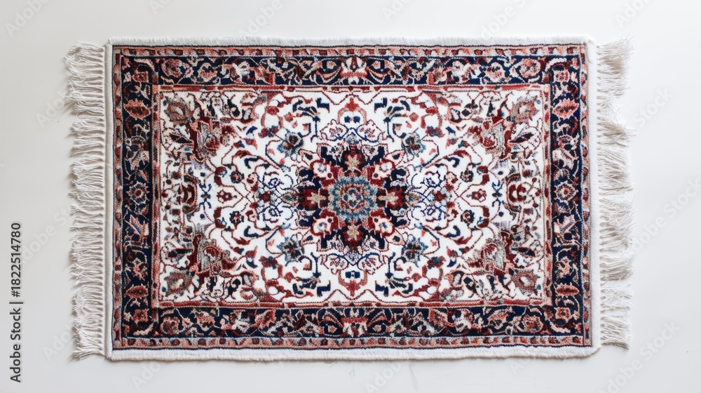 Obraz premium An ornate Persian style rug with a traditional floral pattern. Top view flat lay of an oriental carpet isolated on a white background