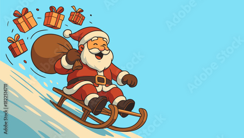 Santa happily sliding downhill on a sled, holding his gift bag tight, cartoon holiday design.