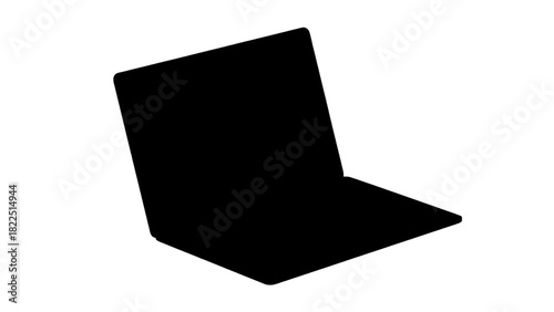 Vector illustration of black silhouette icon of a modern laptop computer viewed from an angle, isolated on transparent background