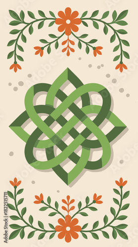 Celtic knot with a floral border vector illustration. Vertical Irish folk art design with a traditional interwoven ornament. Pagan symbol for cultural decoration