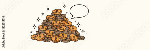 Hand-drawn doodle illustration of a pile of money. Wealth and finance concept with a blank speech bubble for text. Cartoon vector graphic representing savings and profit