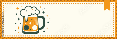 Retro beer mug illustration on a banner template. Flat design for Oktoberfest or pub party invitation. Vector graphic with copy space and polka dot frame