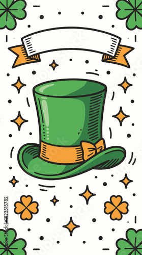 St. Patrick's Day leprechaun hat illustration. Vertical cartoon drawing with clovers and a blank banner. Festive Irish holiday vector graphic