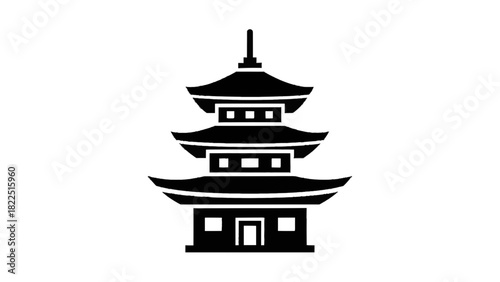 Vector illustration of black silhouette icon of a traditional threestory asian pagoda building isolated on transparent background