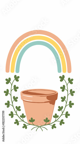 St. Patrick's Day vector illustration with a pot, shamrock vines, and a pastel rainbow. Vertical flat design graphic for an Irish holiday. Good luck and gardening concept