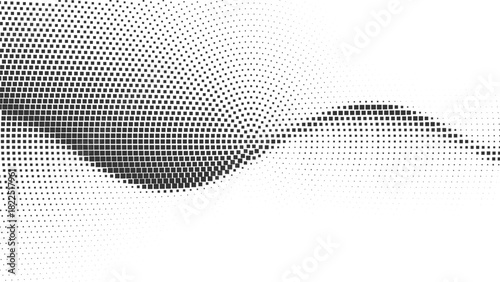 Black and white abstract halftone dots pattern, dynamic gradient wave background, modern geometric texture for graphic design, retro pop art element, monochrome flowing curve illustration, digital art