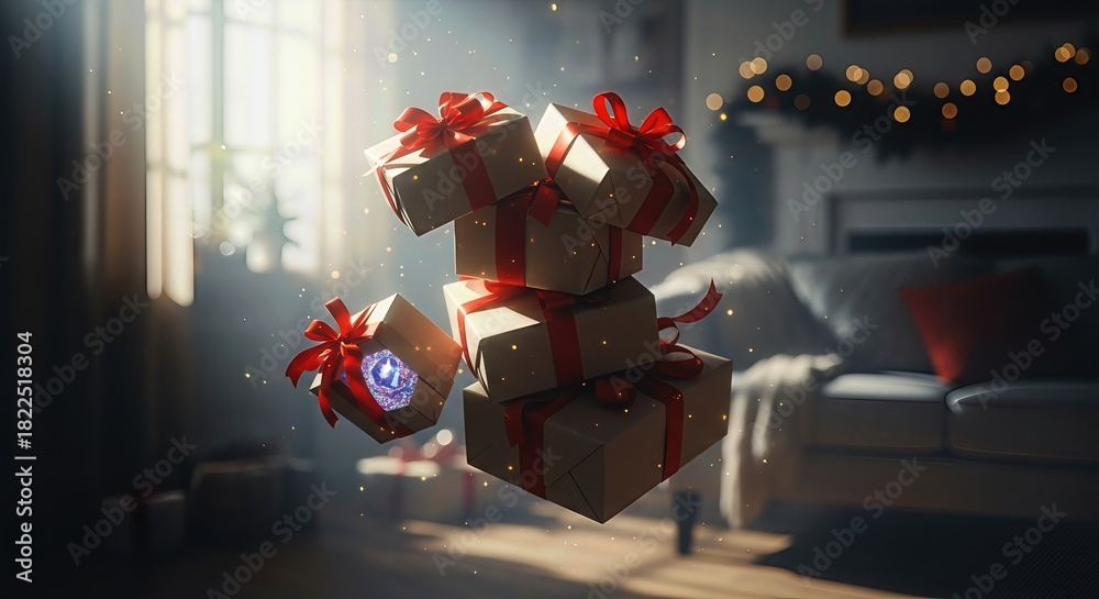 Obraz premium Floating festive holiday presents with red ribbons illuminating a cozy domestic living space. A magical sparkle symbolizes the season's continued celebration concept.